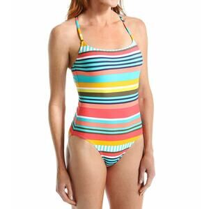 ANNE COLE Tropication Criss-Cross Back Striped One Piece Swimsuit 6 Pink Teal